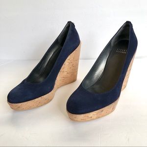 Stuart Weitzman Navy Corkswoon Suede Wedge Pumps